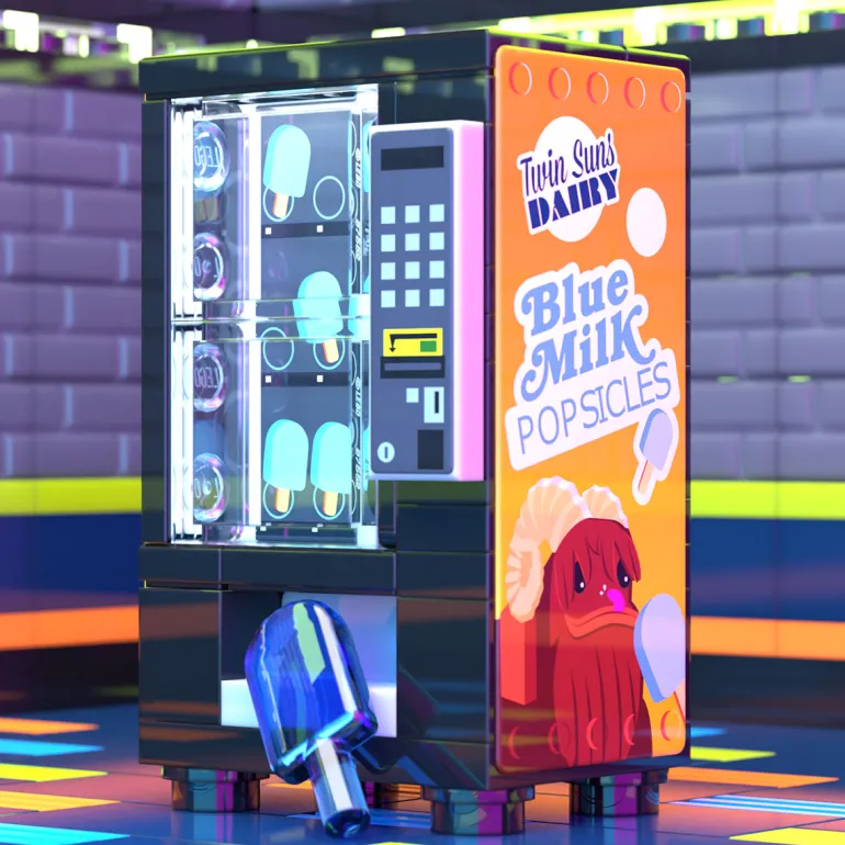 The Brick Show Shop Blue Milk Popsicles Vending Machine Building Set made using LEGO parts