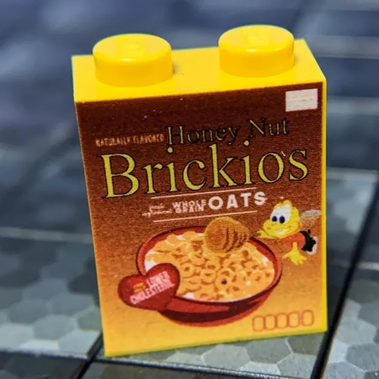 The Brick Show Shop Honey Nut Brickios Cereal Custom Printed 1x2x2 Brick made using LEGO p