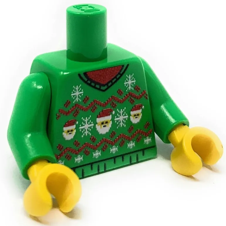 The Brick Show Shop Ugly Green Santa Christmas Sweater Printed Torso made using LEGO parts